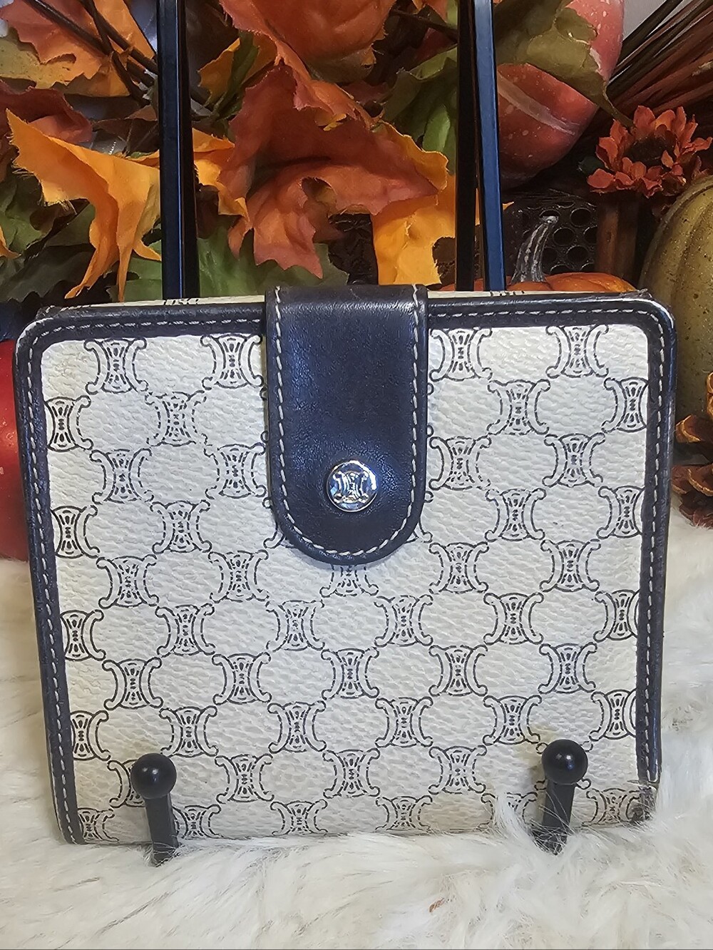 Celine Cream and Dark Brown Monogram Snap Wallet